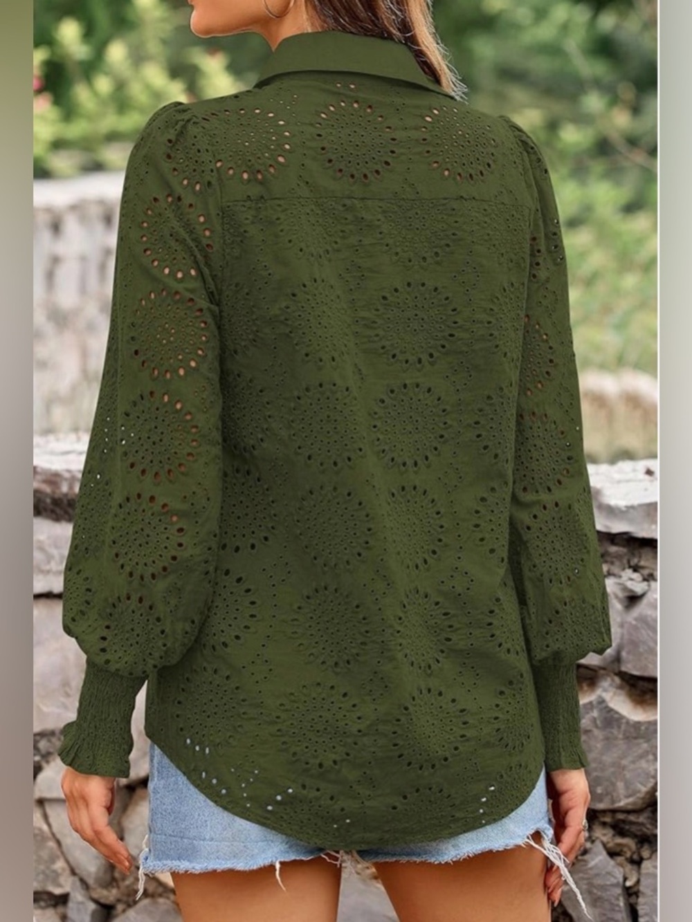 Olive Eyelet Button-Front Blouse, Long Sleeve - Picture 2 of 3
